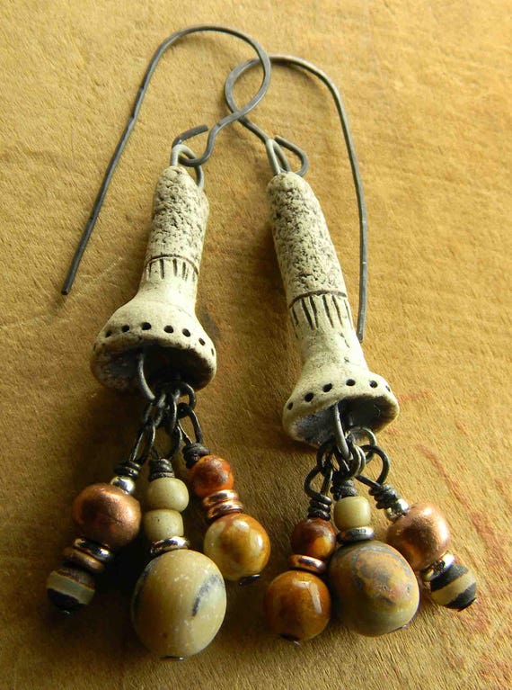 Primitive Bell Earrings Artisan Ceramic Ancient Outback Jasper
