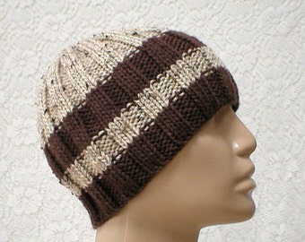 Brown oatmeal striped beanie hat, knit hat, skull cap, toque, mens womens hat, beanie hat, striped hat, brown hat, hiking biker, chemo cap