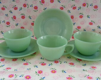 Jane Ray Fire-King Jadeite, Cup and Saucer Set, Lot of (3) Sets