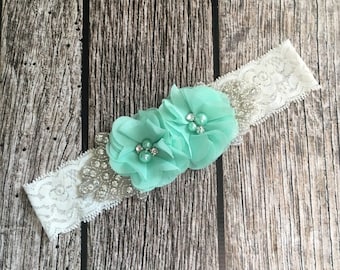 Mint headband, rhinestone headband, flower girl headband, vintage headband, lace headband, rhinestone and pear, flower girl