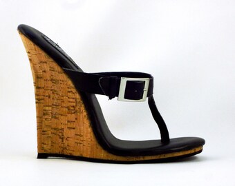 5 inch Handmade Black / Cork Buckle Drop Thong Mule High Heel Wedge Foot Fetish Sandals Woman Shoes