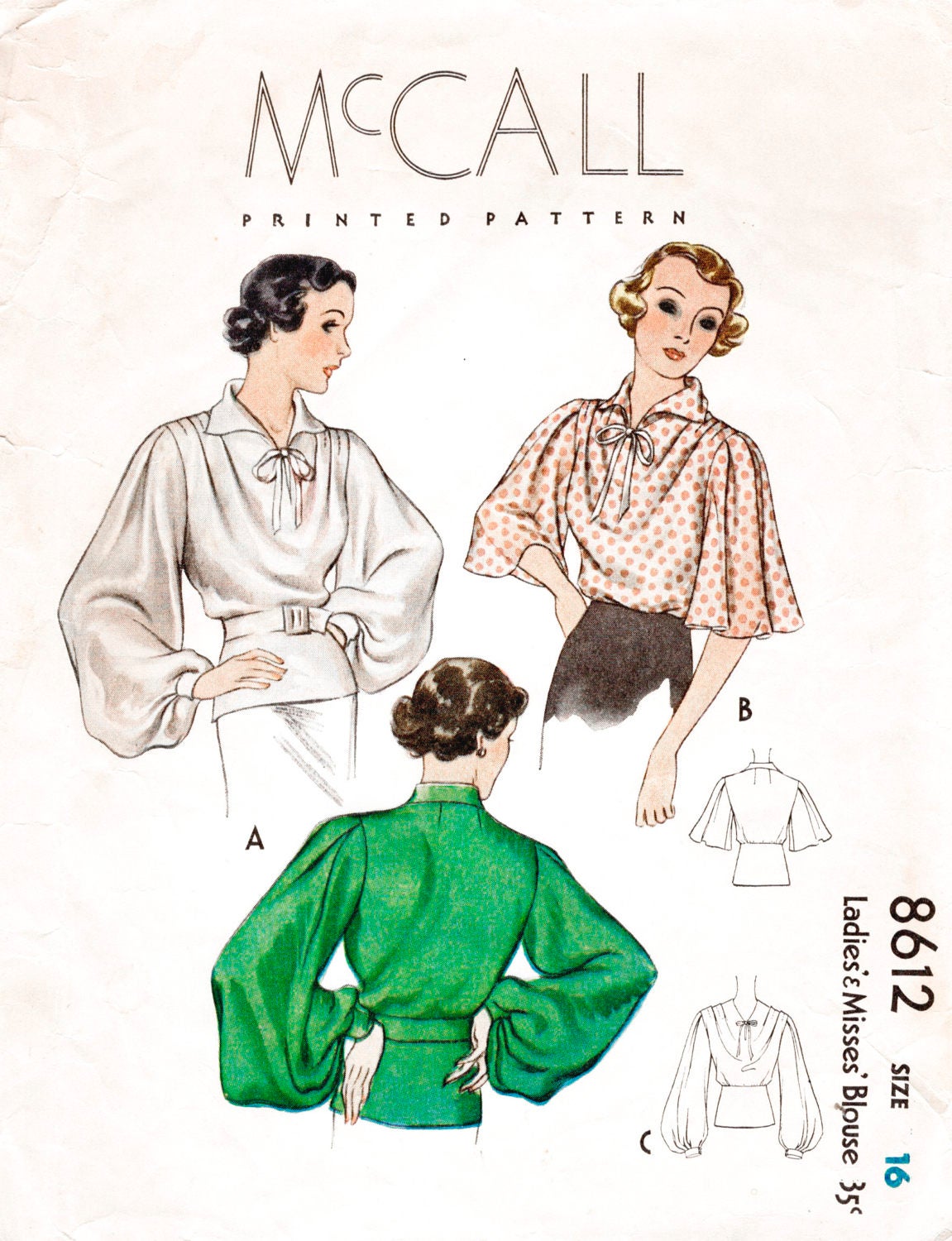 1930s 30s pattern women's blouse bishop or flared sleeves