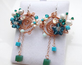 Blue chandelier earrings - blue pearl earrings - blue butterfly earrings - turquoise earrings - blue crystal earrings