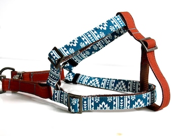 Southwestern BOHO Step In Dog Harness - Antique Brass, Brown, Ocean Blue
