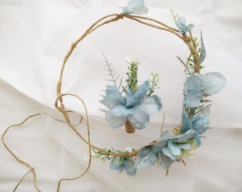 Boho woodland hair wreath, Dusty blue bridal wreath, Floral circlet, flower crown, Woodland wedding head piece, Rustic wreath