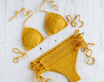 Brazilian Crochet Swimsuit in Yellow, Women Crochet Bathing Suit, Cheeky Crochet Bikini Set, Brazilian Bikini