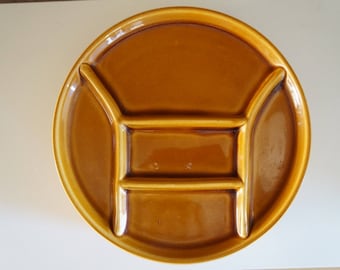 Vintage Set of 4 Staub France Fondue Plates, Caramel brown round plates, French dinnerware, divided plates, Grill plates