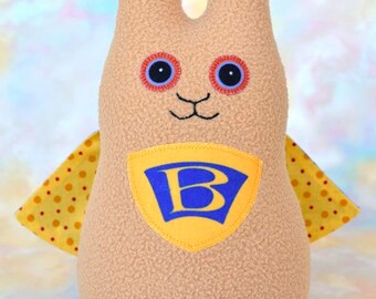 Handmade Wonder Bunny Rabbit Stuffed Animal, Camel, Blue, Yellow Fleece, Plush Kids Baby Toddler Toy, Hug Me Bunny, Personalized Tag, 9 in