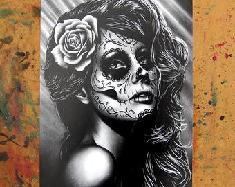 5x7, 8x10, or apprx. 11x14 in Signed Art Print - Duality - Day of the Dead Sugar Skull Girl Black and White Tattoo Art Portrait