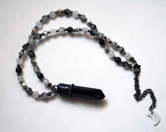 Terminated Black Smoky Quartz and Tourmalinated Quartz Beaded Necklace // Smoky Quartz Beaded Statement Necklace