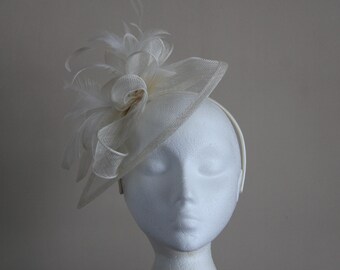 Ivory Cream Sinamay and Feather Fascinator on a hairband, races, weddings, special occasions
