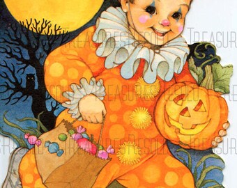Retro Trick or Treat Clown Pumpkin Jack O Lantern Halloween Card #449 Digital Download