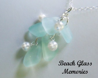 Aqua Sea Glass Necklace - Seaglass Necklace Cluster Beach Glass Jewelry Eco Friendly Jewelry