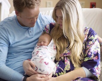 Maternity Robe. Hospital Robe. Maternity Hospital Gown. Baby Shower Gift. Purple Water Bouquet. KNEE or MID CALF Length Available.