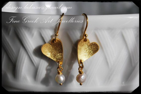 Earrings Hearts with Freshwater Pearls Sterling Silver 925 Gold-plated Handmade Jewelry FREE Shipping Greek Art Valentine Love Woman Passion