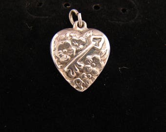 Vintage sterling silver Key to my heart floral puffy heart Love charm