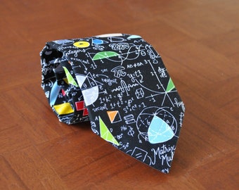 CUSTOM GEEK NECKTIE, Made to Order, Math and Colorful Chemistry Equations on a Black Background, Fun Tie For Teens, Students, or Teachers