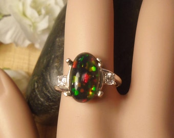 Black Ethiopian Fire Opal 2 Birthstone Accent Gems Ring, Solid Sterling Silver, 2.80 Cts 13 x 8 mm Natural AAA+++ Ethiopian Opal