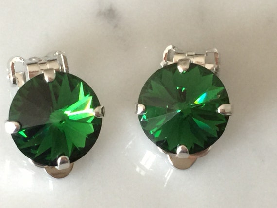 Dark Moss Green Swarovski Crystal Clip On Earrings, Silver