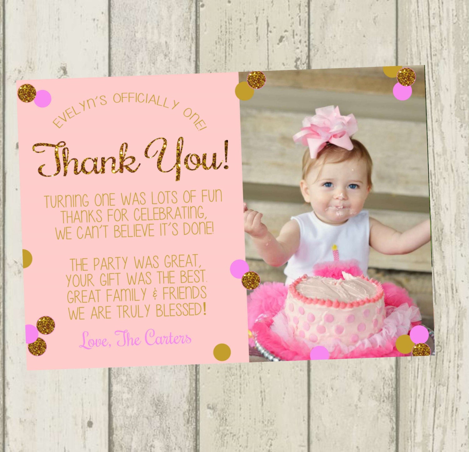 First Birthday Thank You Card Pink & Gold Glitter Thank You