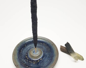 Incense holder, ceramic incense burner, blue and gold flecked stoneware incense dish