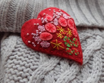 Felt Brooch, Red heart pin, Hand embroidery, Heart brooch, Hand Embroidery, Easter jewelry, Gift for women,Valentines day gift,Heart for her