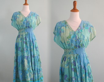 India Cotton Dress - Vintage Indian Cotton Dress by Phool - Pretty 90s Aqua Print Dress - Vintage 1990s Dress M L