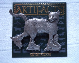 Vintage Signed JJ Silver pewter Cat on Rollerblades Brooch/Pin