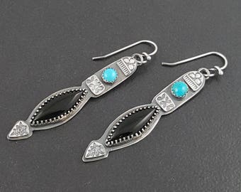 Turquoise and Black Onyx Earrings, sterling silver, turquoise earrings, dangle earrings, michele grady, stamped, Blue silver black, handmade