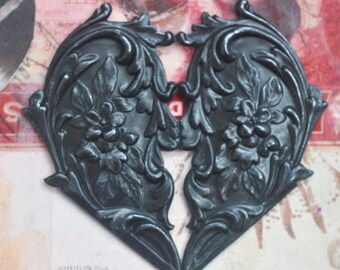 TWO Art Nouveau Brass Hearts,Black Satin Patina, Brass Stampings, Crafting and Jewelry Making, Made in the USA