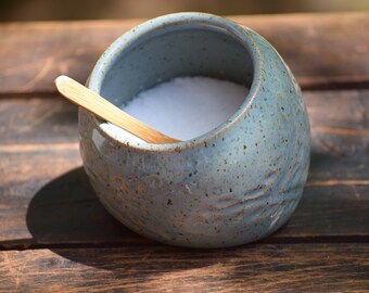 stoneware salt pig / salt cellar with small spoon