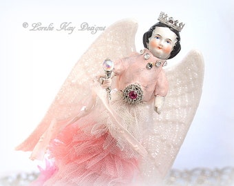 Ombre Pink Angel Art Doll Assemblage Art Doll Tree Topper Sculpture Blonde Angel Girl OOAK Sculpted Lorelie Kay Designs