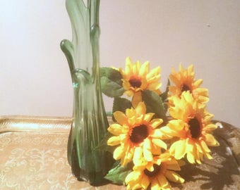 Vintage Art Glass Vase, Teal Glass Vase,Hand Blown Swung Vase, Green Pulled Finger Vase, Vintage Teal Swung Vase