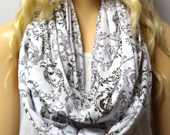 Victorian Print --White-Gray-Black --Infinity Scarf Jersey Knit