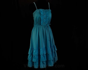 Size 10 Sun Dress - Turquoise Blue Cotton 1980s Retro - 80s Does 50s - Tux Ruffle Bodice - Full Skirt - Medium Summer 80's Dress - 46221