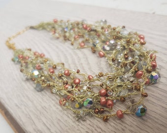 crochet necklace, Multi strands necklace, knitted necklace, wedding necklace, silver leaf ,gold necklace, beaded necklace, best mother gift