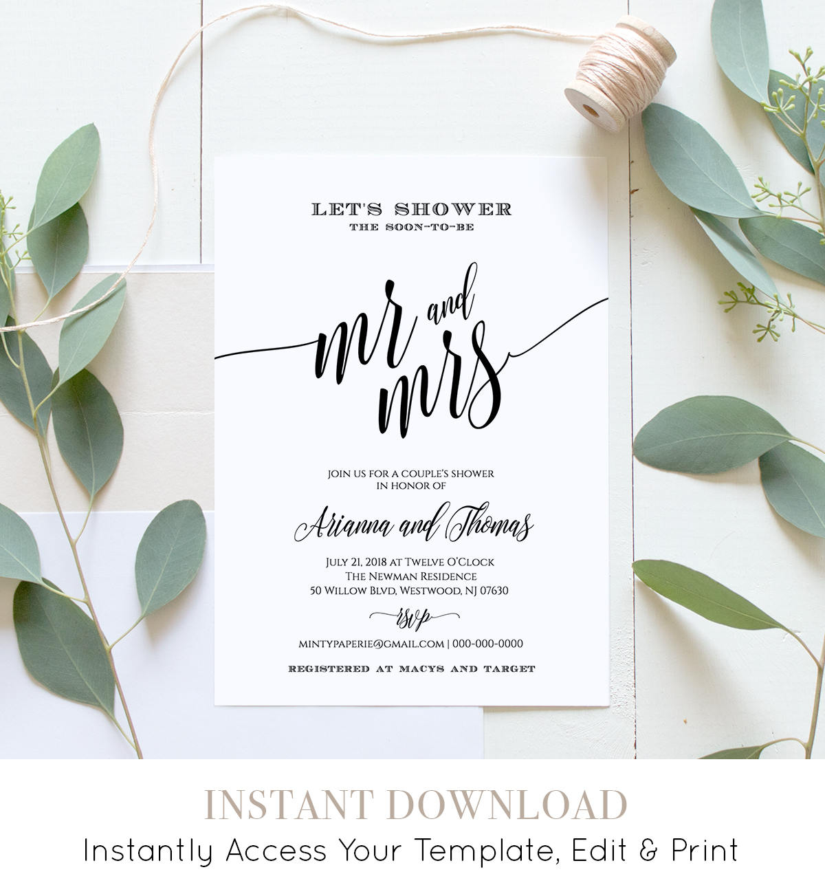 Couples Shower Invitation Printable, Wedding Shower Invite, 100% Editable Template, Instant