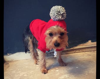 The Pom Pom pet hoodie. Dog/cat/puppy sweater jumper. Choose your bobble colour. Uk seller.