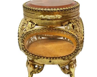 Ormolu Jewelry Casket Beveled Amber Glass
