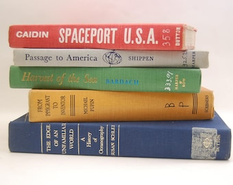 vintage PRIMARY COLORS BOOK Bundle Colorful Book Stack mid century space ocean Library books cards entryway cottage chic space photo prop