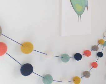 Felt balls garland/blue aqua yellow mustard coral peach/pompom garland/colorful/Modern kids room/Nursery garland/felt garland/kid garland/