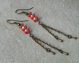 Red enameled ears 4 chain earrings