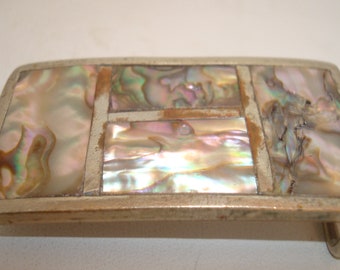 Vintage alpaca belt buckle with inlaid abalone
