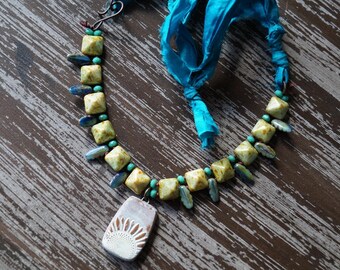 Sunflower Necklace - Silk Necklace - Teal and Green - Boho Knotted Necklace - Bead Soup Jewelry