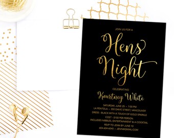 Hen's Night Invitation Printable, Hens Night Invitation, Hen Invitation, Hens Party Invite, Black Gold Foil Hen's Party Invitation