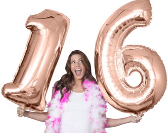 Rose Gold 16th Birthday Jumbo Balloon Kit - 21st 30th 40th Birthday balloons, Sweet 16 Birthday Party, Teen Girl Birthday, 34" Mylar Number