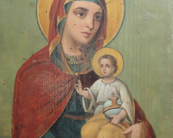Vintage Tempera/Wood Hand Painted Icon Virgin Mary & Christ Child