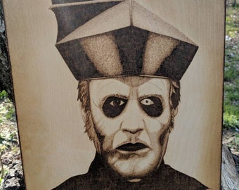 Cardinal Copia of the band Ghost original free-handed woodburning (11.5"x16")