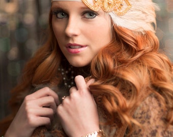 Gatsby Wedding Headpiece for Great Gatsby Dress Costume, Beige OR Black Feather 1920s Headband for 1920s Dress