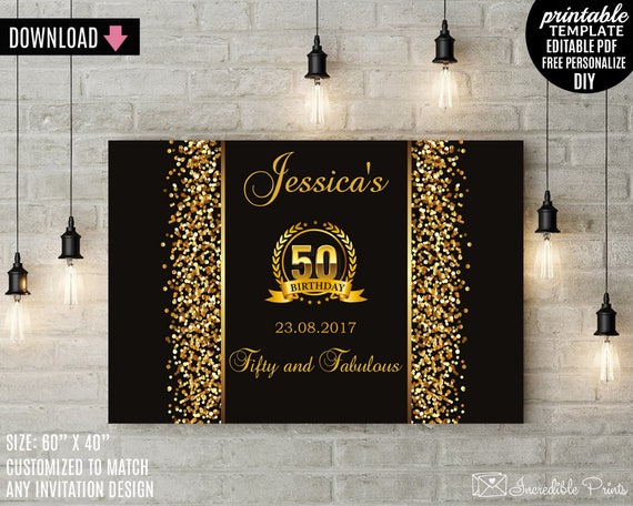  50th Birthday Party Backdrop Black and Gold Fifty and